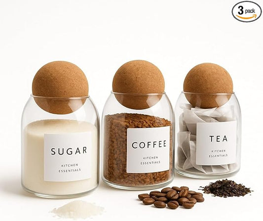 Coffee Tea Sugar Container Set - 3 Unique Cork Ball (17oz) Glass Jars -Kitchen Canister Set of 3-Jars for Coffee Station