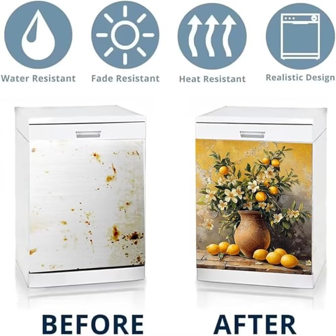 Lemon Floral Vase Dishwasher Magnet Cover, Rustic Flowers Refrigerator Magnetic Vinyl Sticker for Dishwasher Door, Decorative Kitchen Appliance Panel Decal, 23Wx26H Inches