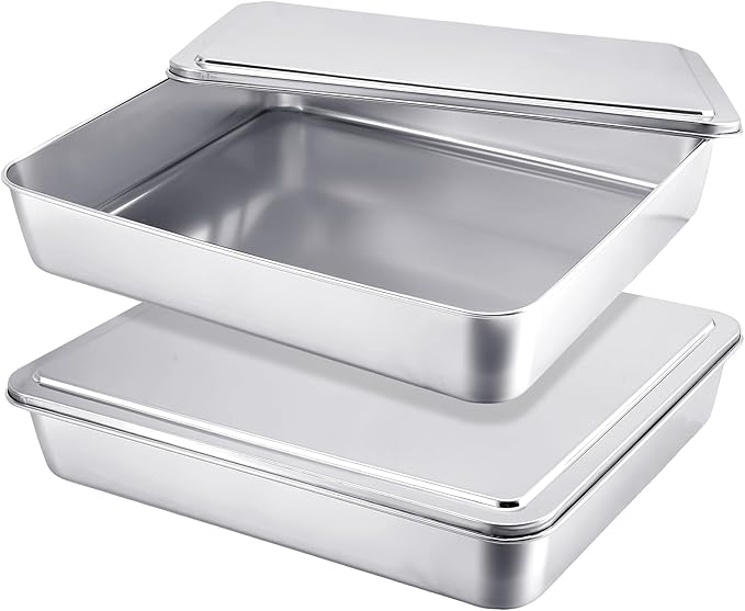 2 Sets Stainless Steel Cake Pan with Lid 11 x 13 Inch Rectangle Bread Loaf Pans with Cover Rectangle Baking Bakeware for Bread Cake Brownies, Dishwasher Safe (Classic Style)