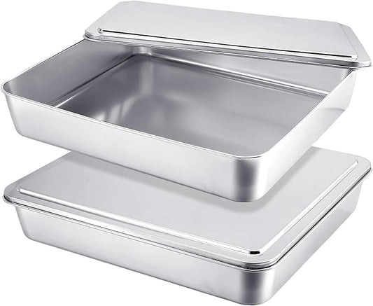 2 Sets Stainless Steel Cake Pan with Lid 11 x 13 Inch Rectangle Bread Loaf Pans with Cover Rectangle Baking Bakeware for Bread Cake Brownies, Dishwasher Safe (Classic Style)