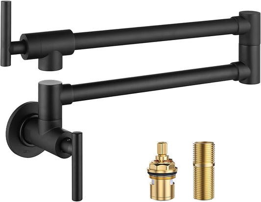 WOWOW Black Pot Filler Faucet - 304 Stainless Steel Pot Filler Over Stove, Wall Mounted Kitchen Folding Faucet with Double Joint Swing Arms