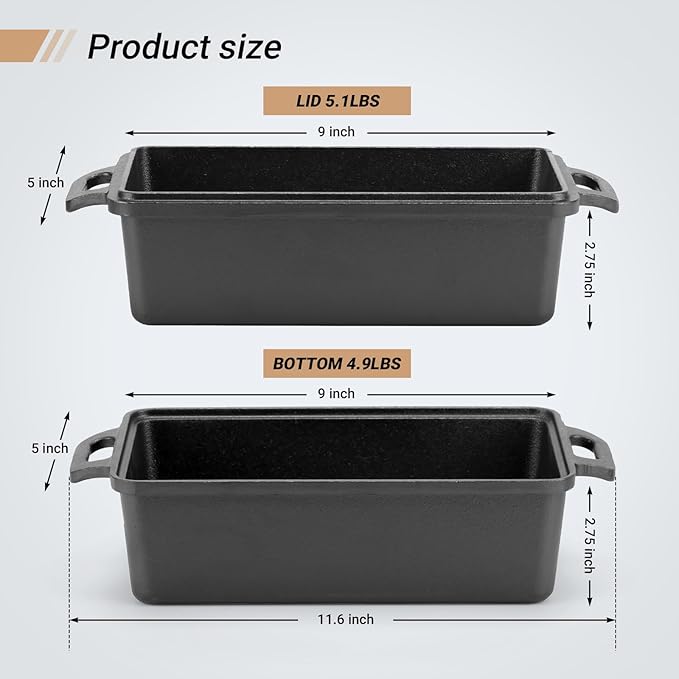 9×5 Inch Cast Iron Loaf Pan with Lid | Bread Baking Pan | Even Heat Distribution for Homemade Bread, Cake, and Meatloaf | 2 Piece Set