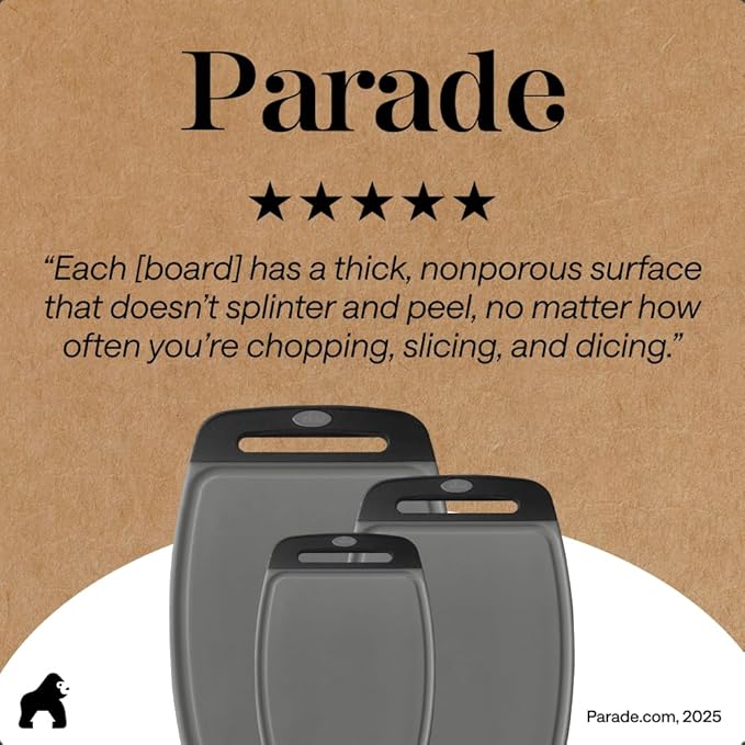 GORILLA GRIP BPA-Free Reversible Kitchen Cutting Board Set of 3, US Designed, Nonporous, Juice Grooves Catch Liquid, Slip Resistant Border, Dishwasher Safe, Durable Food Chopping Boards, Gray Black