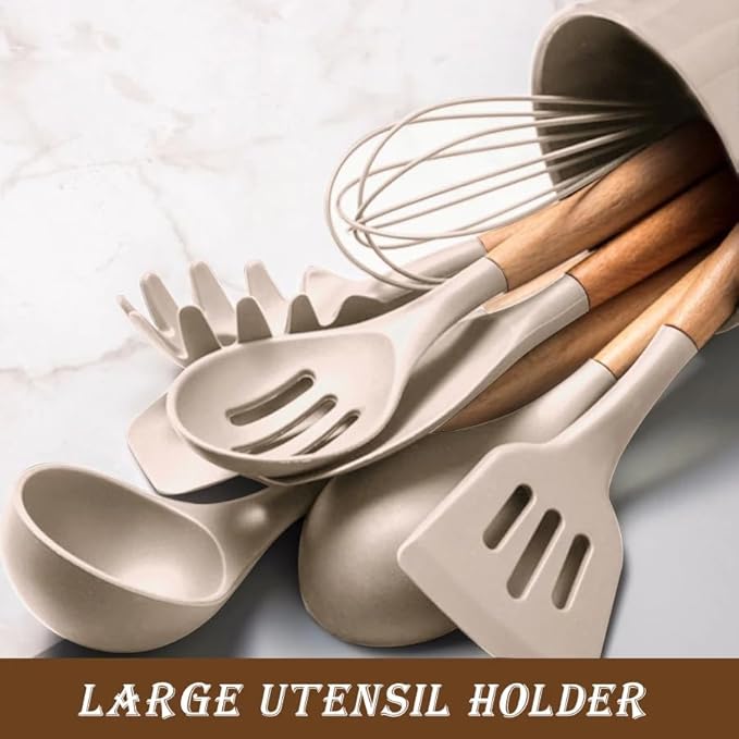 33-Piece Silicone Kitchen Cooking Utensils Set with Large Holder | Food Grade- Heat-Resistant,Non-Stick Cooking Utensils with Wooden Handles | BPA-Free Kitchen Tools for Nonstick Cookware for Gifting