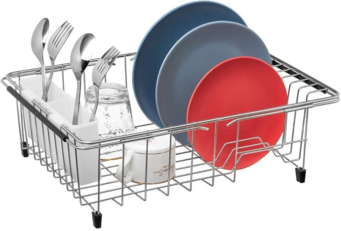 SANNO Large Expandable Dish Drying Rack Sink Dish Rack in Sink or On Counter, Dish Drainer Rustproof Stainless Steel with White Utensil Silverware Storage Holders