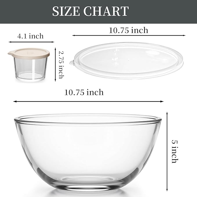 Large Glass Bowl for Sourdough Bread Making with Lid, 5Quart Deep Big Glass Bowl Large Salad Bowl with 8oz Small Bowls(clear)