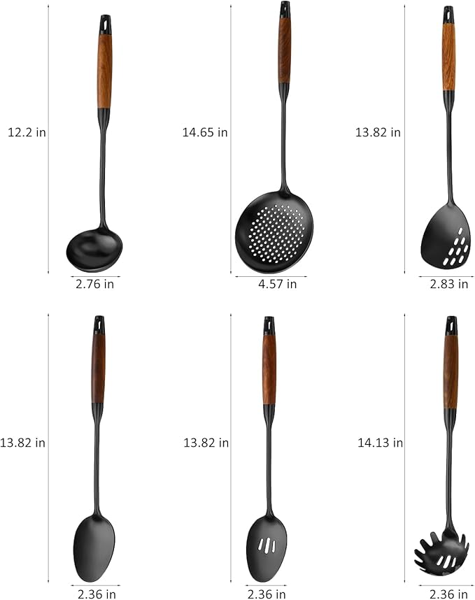 18/10 Stainless Steel Kitchen Utensils Set with Wood Handle Metal Cooking Utensils Set, 6-Piece - Spatula, Spoon, Ladle, Skimmer, Slotted Spoon, Pasta