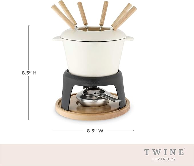 Twine Cast Iron Fondue Set with Metal Stand and Forks, Chocolate Melting Pot, Cheese Fondue Kit Set, Hosting Essentials 8.5", Off-Cream