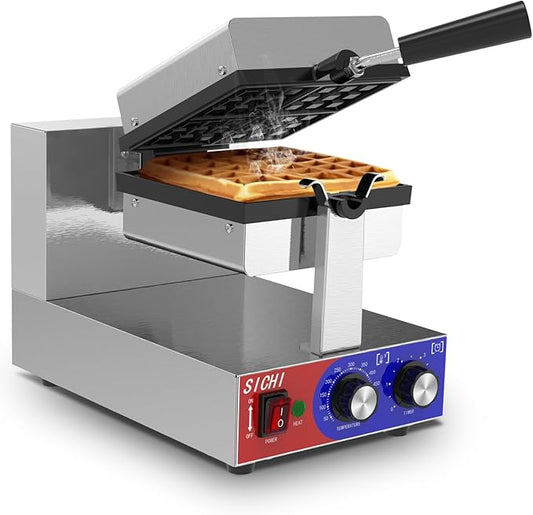 Commercial Waffle Maker -Belgian Waffle Maker w/Non-stick Baking Pan and 550℉ Heating, 1200W Rotating Waffle Iron for 1.2" Thick, Stainless Steel Square Waffle Machine for Hotel Restaurant