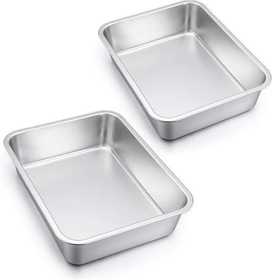 Lasagna Pan Set of 2, E-far Deep Stainless Steel Baking Pans, 12.75 x10 x3.2 Inches Rectangular Metal Roasting Baking Dish Bakeware for Oven, Non-Toxic & Heavy Duty, Dishwasher Safe