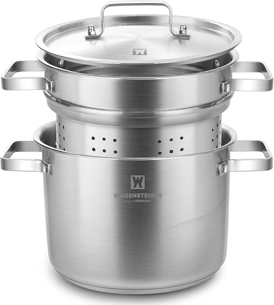 Premium Stainless Steel Asparagus Vegetable Tall Steamer Pot Spaghetti Pasta Stovetop Cooker with Removable Perforated Basket and Lid, Large Size Versatile Cookware (5.2Liters/5.5Quarts)