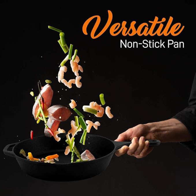 NutriChef Pre-Seasoned Cast Iron Skillets - 3 Pieces Cast Iron Cookware Set w/Drip Spout and Scraper - Compatible with Induction, Electric Stovetop, Gas, & Ceramic - NCCI76