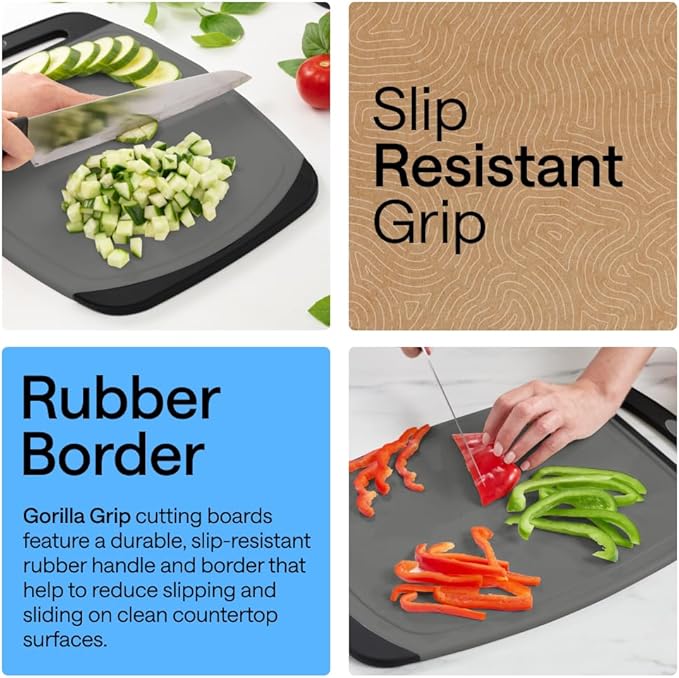 GORILLA GRIP BPA-Free Reversible Kitchen Cutting Board Set of 3, US Designed, Nonporous, Juice Grooves Catch Liquid, Slip Resistant Border, Dishwasher Safe, Durable Food Chopping Boards, Gray Black