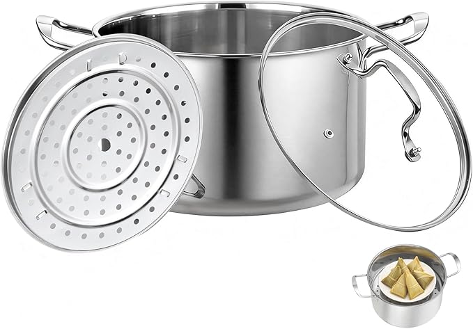 Ollas Para Tamales, 5.5 Quart Stock Pot with Steamer Insert and Glass Lid, Stainless Steel Steamer Pot, with Multi-Hole Vaporera, Large Capacity Cookware for Even Cooking, Ideal for Steaming Tamales