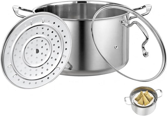Ollas Para Tamales, 5.5 Quart Stock Pot with Steamer Insert and Glass Lid, Stainless Steel Steamer Pot, with Multi-Hole Vaporera, Large Capacity Cookware for Even Cooking, Ideal for Steaming Tamales