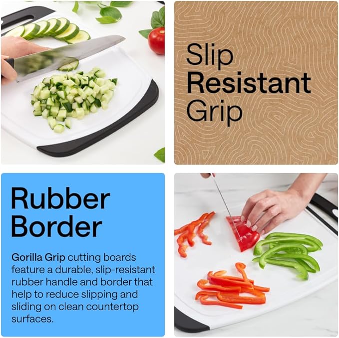 GORILLA GRIP BPA-Free Reversible Kitchen Cutting Board Set of 3, US Designed, Nonporous, Juice Grooves Catch Liquid, Slip Resistant Border, Dishwasher Safe, Durable Large Food Chopping Boards, Black