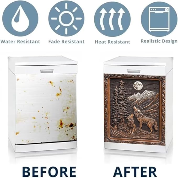 Dishwasher Magnet Cover, Wolf Howling at Moon Mountain Scene Refrigerator Magnetic Vinyl Sticker for Dishwasher Door, Decorative Kitchen Appliance Panel Decal, 23Wx26H Inches
