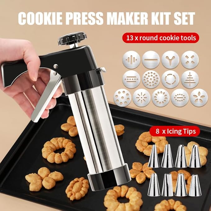 Cookie Press Gun Kit, Spritz Cookie Press with 13 Discs, 8 Piping Tips, Stainless Steel Cookies Maker for Baking, DIY Christmas Cookies and Decorating