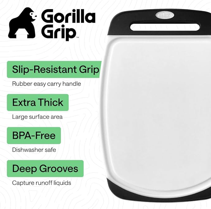 GORILLA GRIP BPA-Free Reversible Kitchen Cutting Board Set of 3, US Designed, Nonporous, Juice Grooves Catch Liquid, Slip Resistant Border, Dishwasher Safe, Durable Large Food Chopping Boards, Black