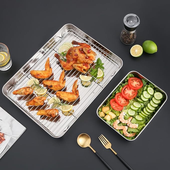 2Pcs Stainless Steel Deep Baking Pan Set（12 & 16 Inch）-PTFE/PFOA Free - Heavy Duty Rectangular Cookie Sheets for Oven, Cakes, Bread, Roasting - No Warping, Dishwasher Safe, Easy to Clean