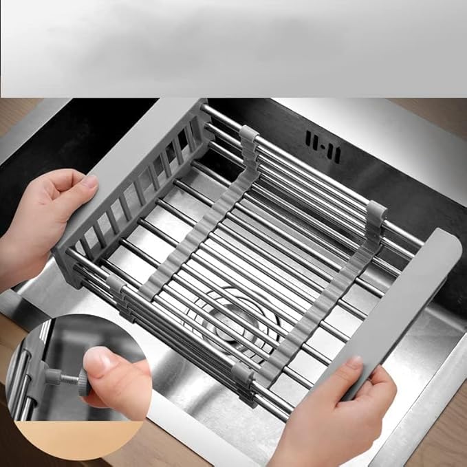 Cyrank Over The Sink Dish Drying Rack, Expandable Over Sink Grill Telescopic Drain Basket Kitchen Rack Drain Basket Sink Drying Rack(L#Grey)