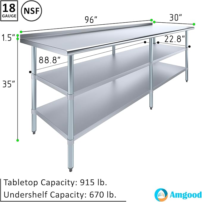 AmGood Stainless Steel Work Table with 1.5" Backsplash and 2 Shelves | Metal Kitchen Food Prep Table | NSF (96" Long x 30" Deep)