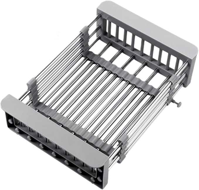 Cyrank Over The Sink Dish Drying Rack, Expandable Over Sink Grill Telescopic Drain Basket Kitchen Rack Drain Basket Sink Drying Rack(L#Grey)