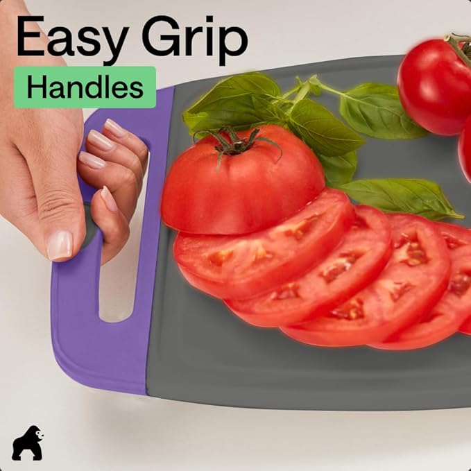 GORILLA GRIP BPA-Free Reversible Kitchen Cutting Board Set of 3, US Designed, Nonporous, Juice Grooves Catch Liquid, Slip Resistant Border, Dishwasher Safe, Durable Food Chopping Boards, Gray Purple
