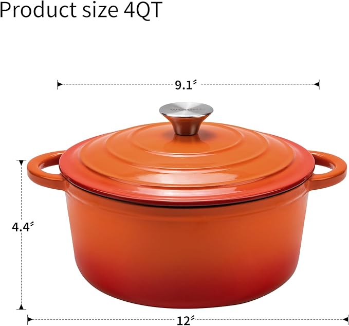 4QT Enameled Cast Iron Dutch Oven Pot with Lid,Heavy-Duty Cookware for Sourdough Bread Baking,Braising,Stews,Roasting,Oven Safe up to 500°F,orange
