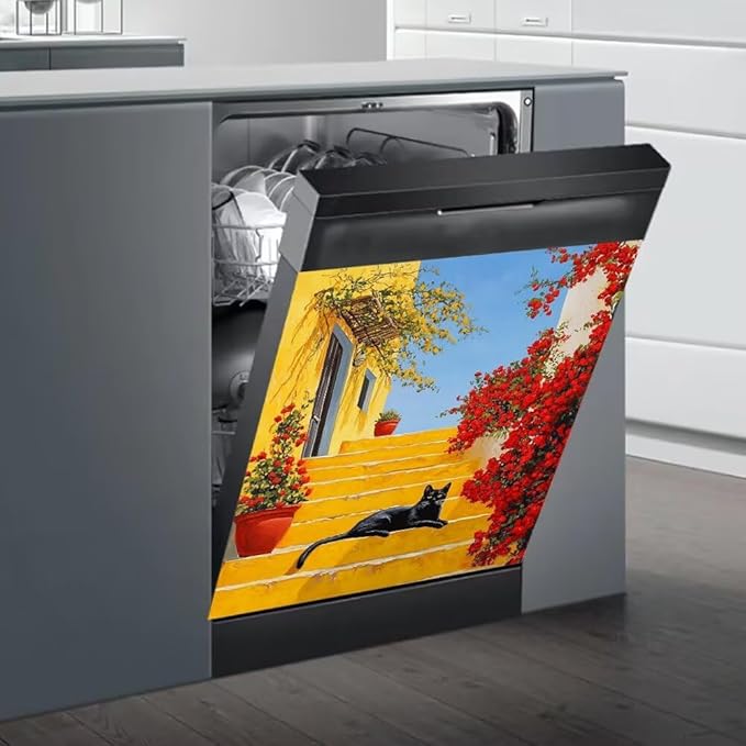 Black Cat Dishwasher Magnet Cover, Mediterranean Yellow Stairs Refrigerator Magnetic Vinyl Sticker for Dishwasher Door, Flowers Decorative Kitchen Appliance Panel Decal, 23Wx26H Inches