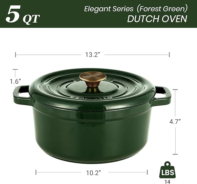 Overmont Enameled Cast Iron Dutch Oven - 5QT Pot with Lid Cookbook & Cotton Potholders - Heavy-Duty Cookware for Braising, Stews, Roasting, Bread Baking moss
