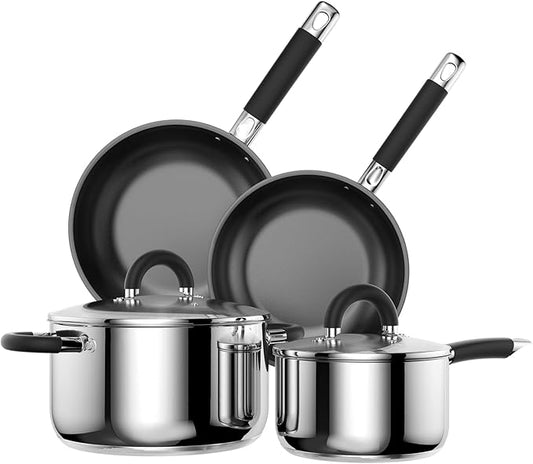 Pots and Pans Set Non Stick, Stainless Steel Cookware Set of 6, Frying Pans, 5 Ply Base Dishwasher Safe