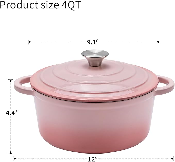 4QT Enameled Cast Iron Dutch Oven Pot with Lid,Heavy-Duty Cookware for Sourdough Bread Baking,Braising,Stews,Roasting,Oven Safe up to 500°F,pink