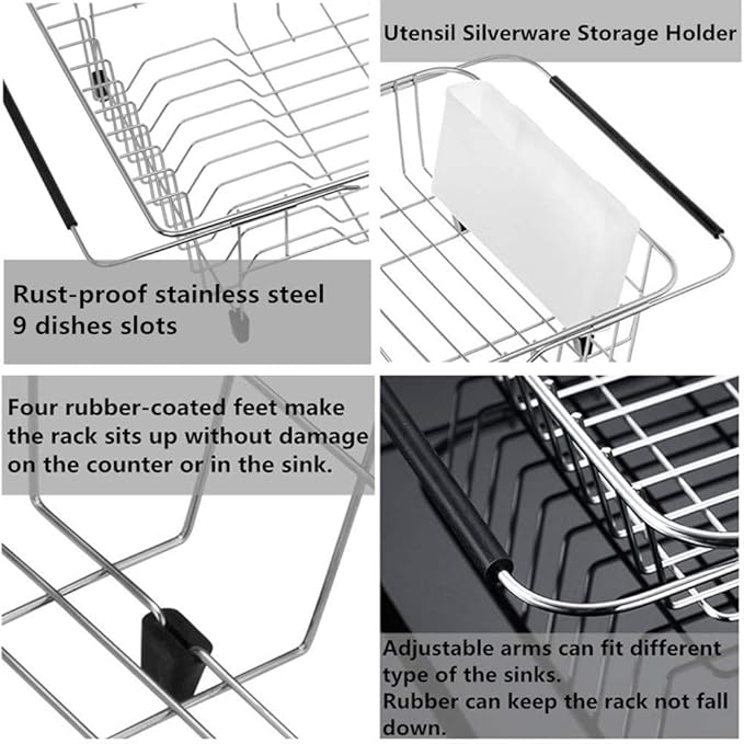 SANNO Large Expandable Dish Drying Rack Sink Dish Rack in Sink or On Counter, Dish Drainer Rustproof Stainless Steel with White Utensil Silverware Storage Holders