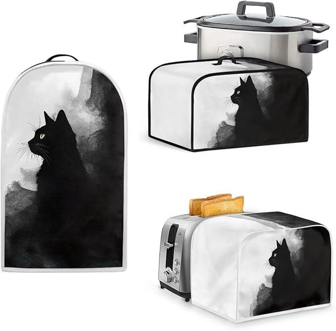 Ink Painting Black Cat Toaster Covers 4 Slice Wide Slot,3Pcs Set Christmas Bread Machine Cover Slow Cookers Cover Blender Covers with Top Handle and Accessories Pocket Counter Decor