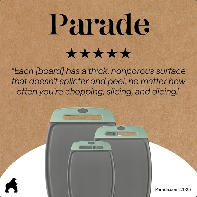 GORILLA GRIP BPA-Free Reversible Kitchen Cutting Board Set of 3, US Designed, Nonporous, Juice Grooves Catch Liquid, Slip Resistant Border, Dishwasher Safe, Durable Food Chopping Boards, Gray Mint