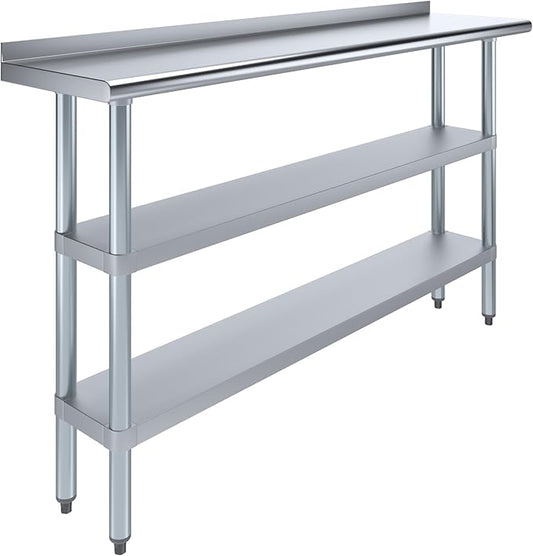 AmGood Stainless Steel Work Table with 1.5" Backsplash and 2 Shelves | Metal Kitchen Food Prep Table | NSF (60" Long x 14" Deep)