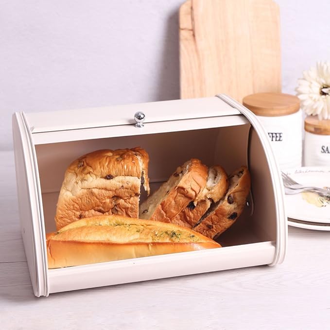 X458 Metal Bread Box for Kitchen Countertop - Stainless Steel Bread Box for Kitchen - Bread Storage Container - Airtight Holder for Homemade Bread, Cream Color