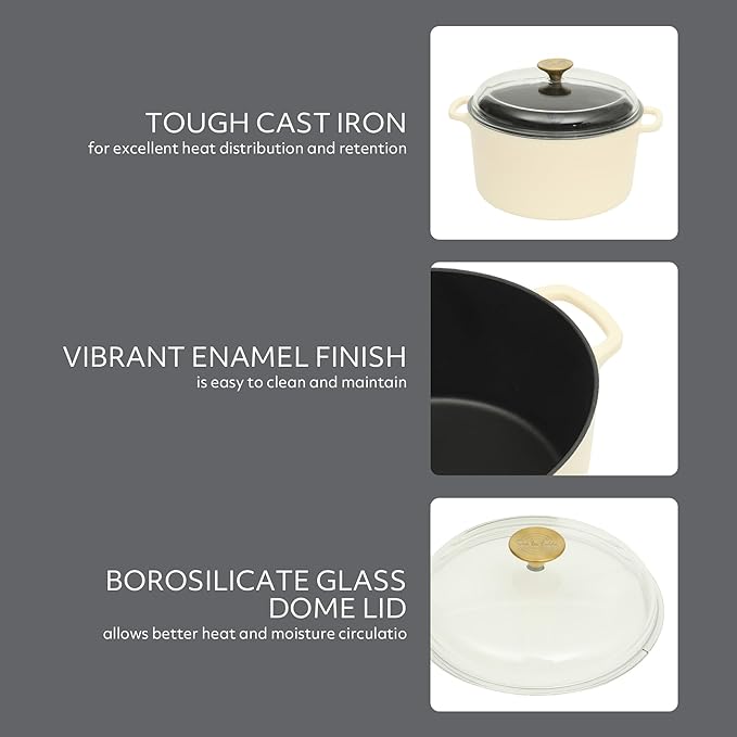 Sur La Table Kitchen Essential Supper Club 5-Quart Enamel-Coated Cast Iron Dutch Oven Pot with Oven Safe Glass Lid, Oven-to-Table Cookware for Bread, Soups, Stews & Braising - Eggshell White