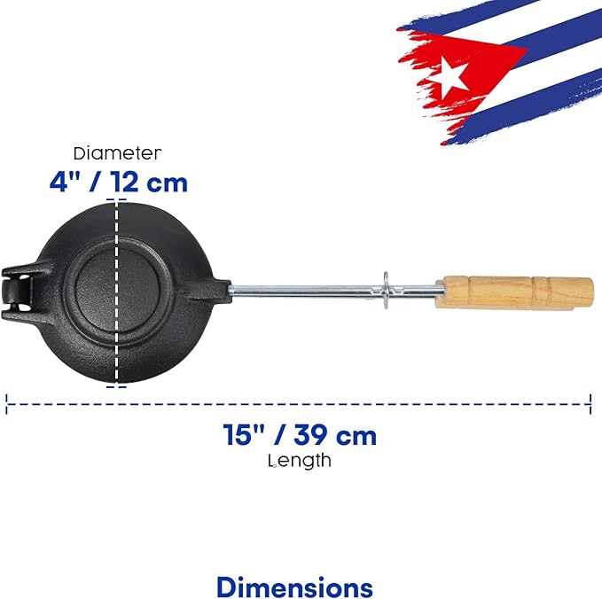 2 Uds Original Disquera de Pan Cubano Redondo – Set of 2 Cast Iron Cuban Sandwich Presses – Traditional Discos Voladores Maker – 15” with Wooden Handles