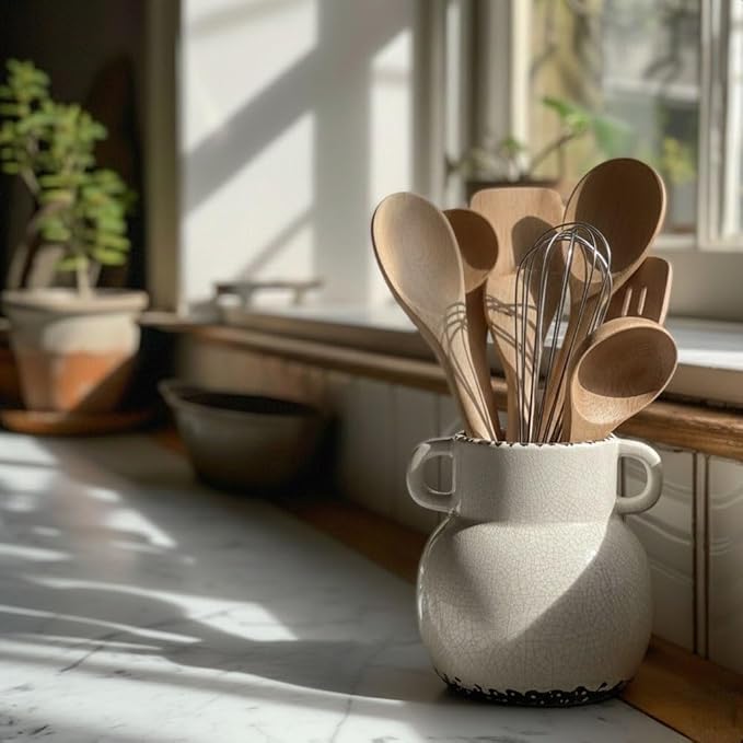 JIEMEI HOME Kitchen Utensil Holder with Handle, 6.85" Ceramic Farmhouse Stable Utensil Crock for Countertop, Utensil Organizer with Cork Bottom, Spatula Holder For Kitchen Decor, White