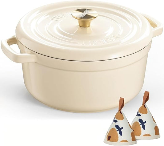 Overmont Enameled Cast Iron Dutch Oven - 5QT Pot with Lid Cookbook & Cotton Potholders - Heavy-Duty Cookware for Braising, Stews, Roasting, Bread Baking Cream white