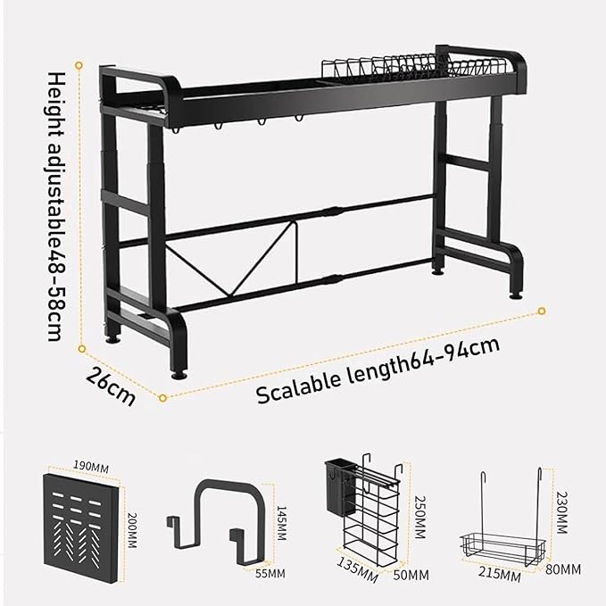 Expandable Over Sink Dish Drying Rack, Adjustable Stainless Steel Kitchen Storage Organizer, 2-Tier Space Saver Counter Rack in Black
