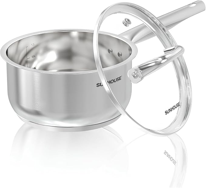 Sunhouse – 2 Quarts Stainless Steel Sauce Pan with Lid - PFOA-FREE, Stainless Steel Sauce Pan, Advanced Impact Bonding Induction Base, Stay-Cool Handle, Compatible with All Cooktops