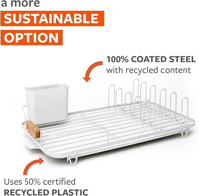 Full Circle Dish Jockey Extra Large Dish Drying Rack – Space Saving Drying Rack for Kitchen Counter – Stainless Steel and Recycled Plastic Drainer with Holders for Plates, Cutlery, Pots and Pans