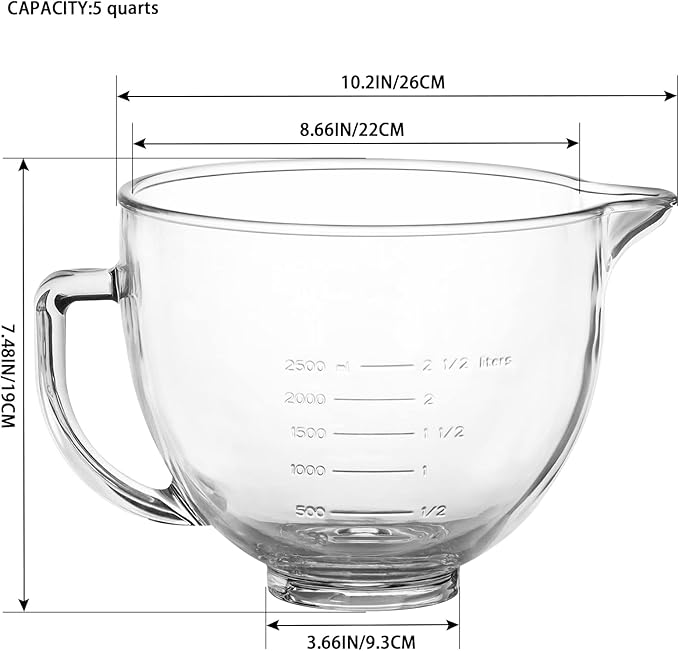 MOLIGOU Glass Mixing Bowl Compatible with Kitchenaid 4.5 and 5 Quart Tilt-Head Stand Mixers, 5 Quart Glass Mixer Bowl with Handle and Pour Spout
