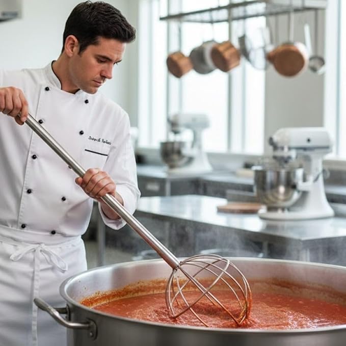 Soro Essentials- 48” Stainless Steel Kettle Whip- 8" Diameter Ball Head Whisk for Cooking Beating Blending Stirring Ingredients Mixing Sauces Baking Tools for Cake Bread Pizza Pastry Biscuits