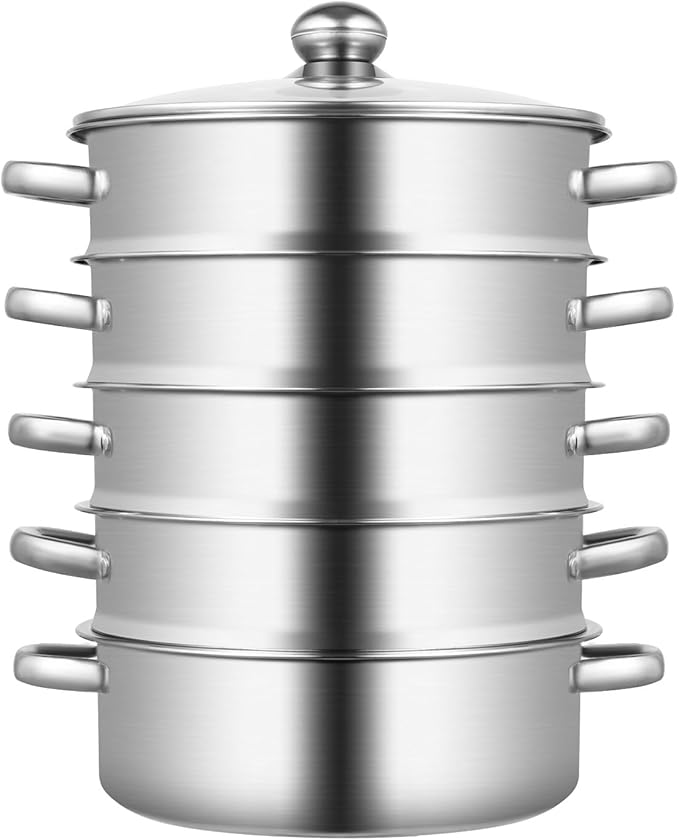 5-Tier Stainless Steel Steamer, Stainless Steel Steamer Basket Multi-Layer Cookware Steamer Pot Food Grade Steamer Pot with Glass Lid and Handles for Home Kitchen Restaurant Hotel (Silver B, 10inch)