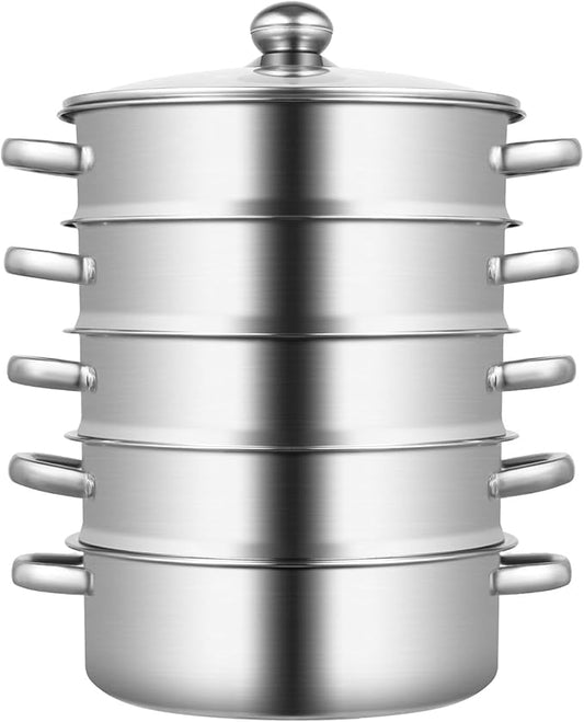 5-Tier Stainless Steel Steamer, Stainless Steel Steamer Basket Multi-Layer Cookware Steamer Pot Food Grade Steamer Pot with Glass Lid and Handles for Home Kitchen Restaurant Hotel (Silver B, 10inch)
