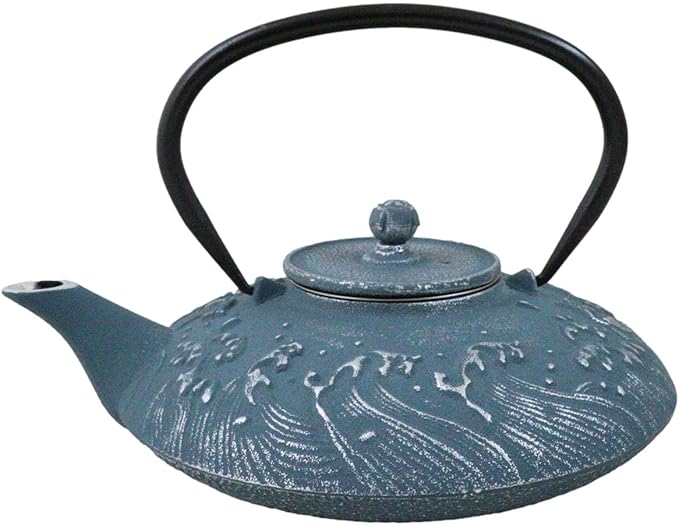 Ebros Gift Traditional Oriental Tetsubin Cast Iron Teapot With Enameled Interior 27oz Asian Japanese Chinese Fusion Housewarming Tea Pot Accent (Royal Blue Ocean Sea Waves)